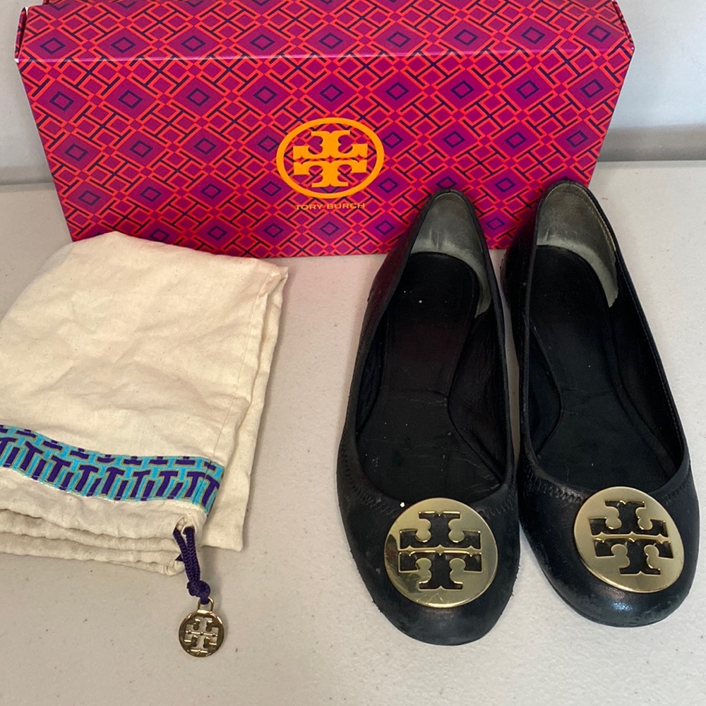 TORY BURCH-Used Reva Ballet Black & Gold with Original Bag/Box (Size 7)
